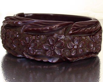 Bakelite Coffee Bean Deeply Carved Bangle Bracelet, Dark Brown Carved Flowers Leaves Hinged Clamper Bracelet, Art Deco Bakelite Bracelet