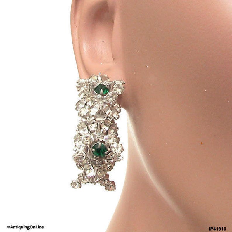 Vintage KJL Earrings Emerald Clear Crystal Hoop Earrings 1960s to 1970s Kenneth Jay Lane Green Clear Hoop Clip Earrings Gift for Her image 5