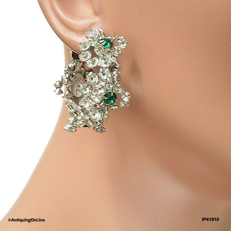 Vintage KJL Earrings Emerald Clear Crystal Hoop Earrings 1960s to 1970s Kenneth Jay Lane Green Clear Hoop Clip Earrings Gift for Her image 6
