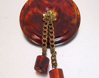 Tortoise Bakelite Pin with 2 Tubular Beads Hanging from Brass Chain | Tortoise Bakelite Circular Brooch with Dangles | Vintage 1930s