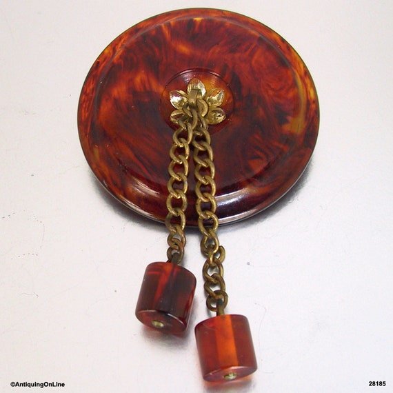 Tortoise Bakelite Pin with 2 Tubular Beads Hangin… - image 1