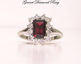 14K White Gold Garnet Diamond Ring Vintage 1970s, January Birthstone, Alternate Engagement Ring, Gift for Her