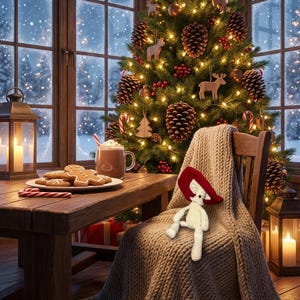 May include: A cozy Christmas scene with a decorated tree, lit candles, and a wooden table set with gingerbread cookies and hot chocolate. A crocheted mushroom figure sits on a blanket draped over a chair.