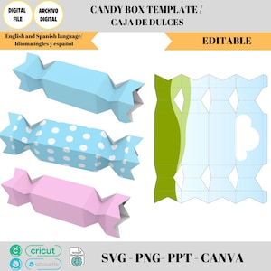 Plantilla de caja de dulces, SVG, PNG, PPT, caja forma de caramelo, caja de regalo de fiesta, canva editable, caja para Cricut /silhouette
