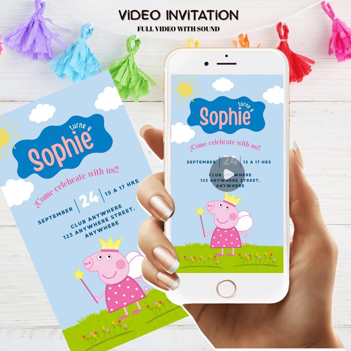 Girl Pig digital invitation template, Birthday digital Invitation, Fairy Birthday Party Theme, Girl Pig Theme Party Invite, Instant download