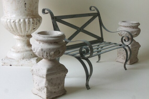 Two Mini Cement Urns And Garden Bench Etsy