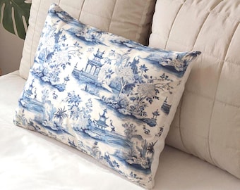 Oeko Tex 100 Blue Pagoda Chinoiserie Toile Cotton Pillow Cover, Lumbar Pillow Boho Farmhouse Decor, Vintage Bedding