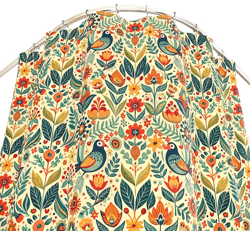 May include: A colorful shower curtain featuring a repeating pattern of stylized birds, flowers, and foliage in shades of teal, orange, red, and yellow on a cream background. The design includes detailed floral and bird illustrations, creating a vibrant and decorative bathroom accessory.