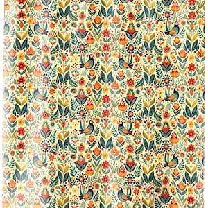 May include: A shower curtain with a repeating pattern of stylized birds, flowers, and leaves in shades of orange, green, and blue on a cream background. The design has a folk art aesthetic.