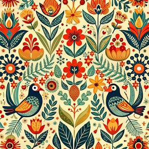May include: A vibrant, symmetrical pattern featuring stylized flowers, leaves, and birds in shades of red, orange, teal, and yellow against a cream background. The design has a folk art aesthetic, with detailed floral elements and two birds.