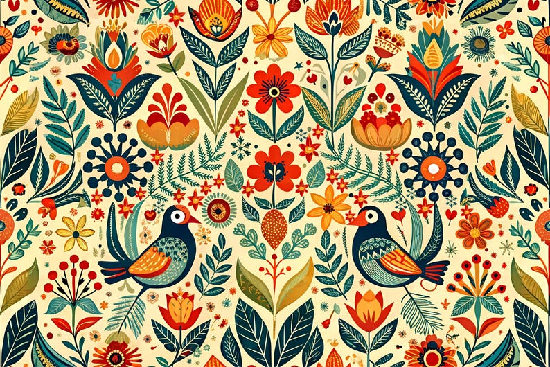 May include: A vibrant, symmetrical pattern featuring stylized flowers, leaves, and birds in shades of red, orange, teal, and yellow against a cream background. The design has a folk art aesthetic, with detailed floral elements and two birds.