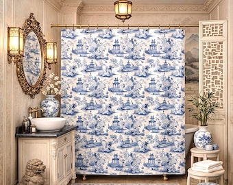 Blue Pagoda Chinoiserie Toile Shower Curtain | Water-resistant Vintage Farmhouse Boho Bathroom Decor