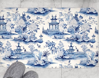 Blauw ivoor pagode badmat chinoiserie-badmat | Traagschuim microvezel pagode landschapspatroon