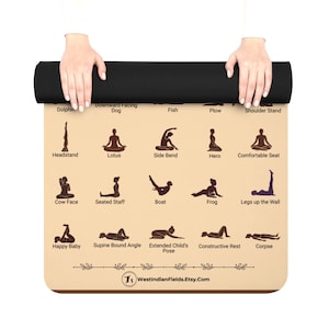 May include: A yoga mat with a beige background and a black rolled top. The mat features illustrations of yoga poses with their names, including Headstand, Lotus, and Corpse. The Etsy shop name WestIndianFields.Etsy.Com is at the bottom.