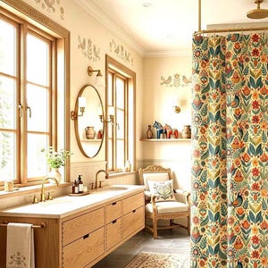May include: A bathroom with a light wood vanity, gold fixtures, and a patterned shower curtain. The shower curtain features a floral and bird design in shades of orange, blue, and green. The room has a vintage aesthetic.