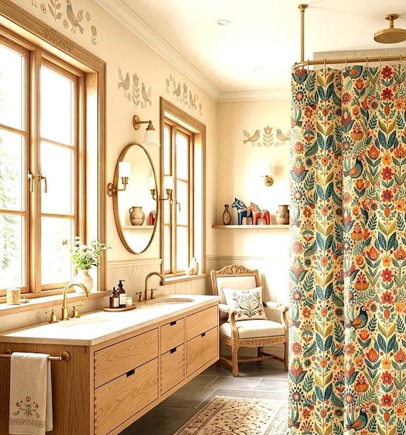 Scandinavian Folk Art Shower Curtain, Nordic Farmhouse Boho Bathroom Midcentury Modern Decor