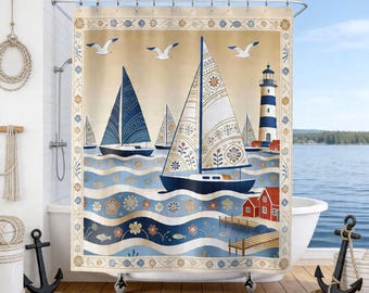 Nordic Folk Art Coastal Shower Curtain | Water-resistant Scandinavian Farmhouse Boho Vintage Bathroom Decor