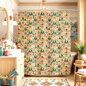 May include: A colorful shower curtain with a floral and bird pattern in a bathroom setting. The curtain features a cream background with red, orange, green, and blue floral and bird designs. The bathroom has a wooden vanity, mirror, and a decorative horse.