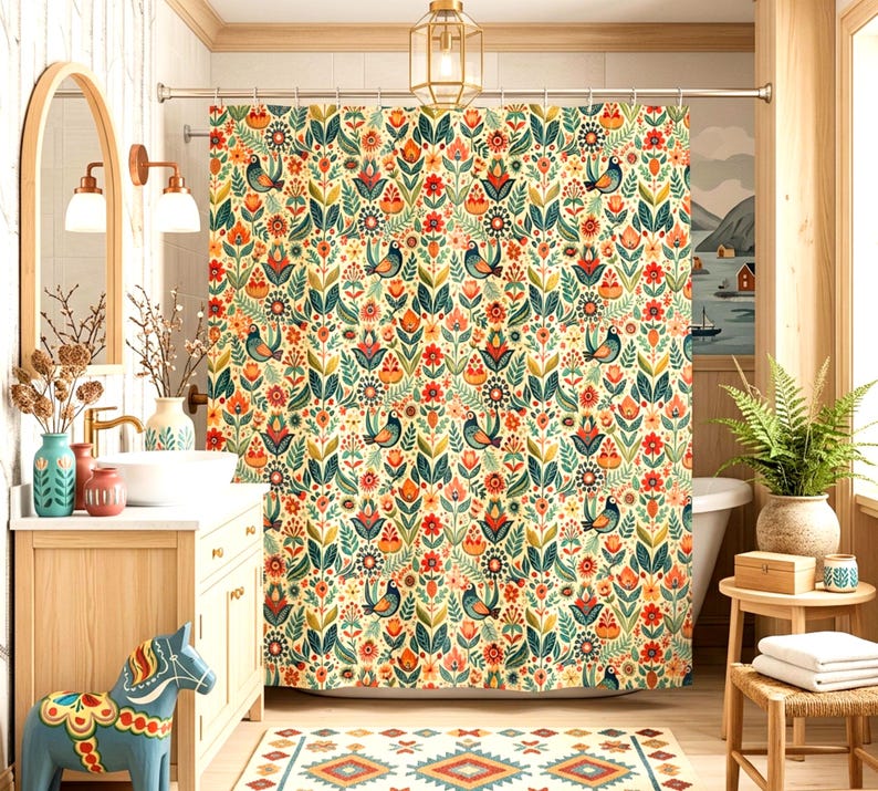 May include: A colorful shower curtain with a floral and bird pattern in a bathroom setting. The curtain features a cream background with red, orange, green, and blue floral and bird designs. The bathroom has a wooden vanity, mirror, and a decorative horse.