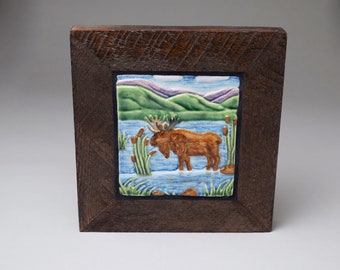 Handmade Ceramic Tile w/Frame- Moose on the Lake