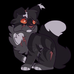 May include: Cartoon illustration of a dark gray cat with orange eyes and red lightning bolt scars. The cat has a white heart-shaped marking with a red lightning bolt. The cat's tail is gray and white, and the background is black.