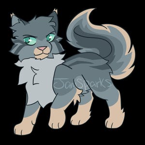 May include: A digital illustration of a stylized cat with gray and blue fur, green eyes, and tan paws. The cat is standing and looking towards the viewer. The image includes the text "Jan Sparks".