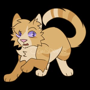 May include: A digital illustration of a cartoon cat in shades of tan and white, with purple eyes and a surprised expression. The cat is in a crouching position, with its tail curled up. The background is black.