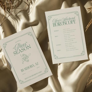 Plantilla editable de invitación para despedida de soltera según el signo del zodíaco de la temporada de Pices, plantilla editable de itinerario de horóscopo de fin de semana, cumpleaños de fin de semana