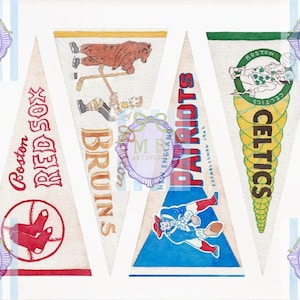 Puede incluir: Banderines de acuarela con logotipos de los Boston Red Sox, Bruins, Patriots y Celtics. El bander&iacute;n de los Red Sox tiene un gr&aacute;fico de b&eacute;isbol. El bander&iacute;n de los Bruins muestra un oso y jugadores de hockey. El bander&iacute;n de los Patriots tiene un jugador de f&uacute;tbol americano. El bander&iacute;n de los Celtics tiene un duende.