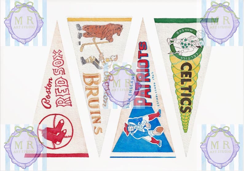 Puede incluir: Banderines de acuarela con logotipos de los Boston Red Sox, Bruins, Patriots y Celtics. El bander&iacute;n de los Red Sox tiene un gr&aacute;fico de b&eacute;isbol. El bander&iacute;n de los Bruins muestra un oso y jugadores de hockey. El bander&iacute;n de los Patriots tiene un jugador de f&uacute;tbol americano. El bander&iacute;n de los Celtics tiene un duende.