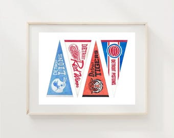 Lámina artística en acuarela Giclée con banderines vintage de Detroit Sports: Lions, Red Wings, Tigers, Pistons