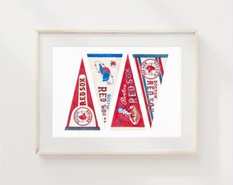 Impresión artística giclée de acuarela con banderines vintage de los Boston Red Sox