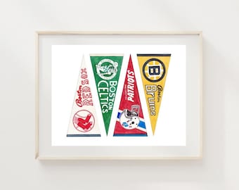 Impresión artística en acuarela giclée de los banderines deportivos de Boston: Red Sox, Patriots, Celtics, Bruins