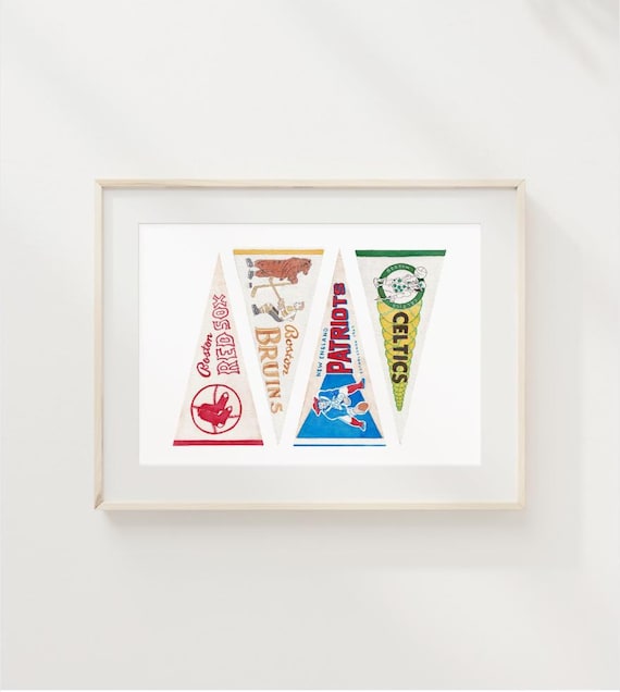 Boston Sports Vintage Pennants Watercolor Giclée Art Print: Red Sox, Patriots, Celtics, Bruins