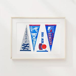 NYスポーツペナンツ #1 ダウンロード可能なアートプリント | 水彩画アートプリント、アパートメントアート、スポーツチームアート、ニューヨークシティアート、ヤンキース、ジャイアンツ、ニックス