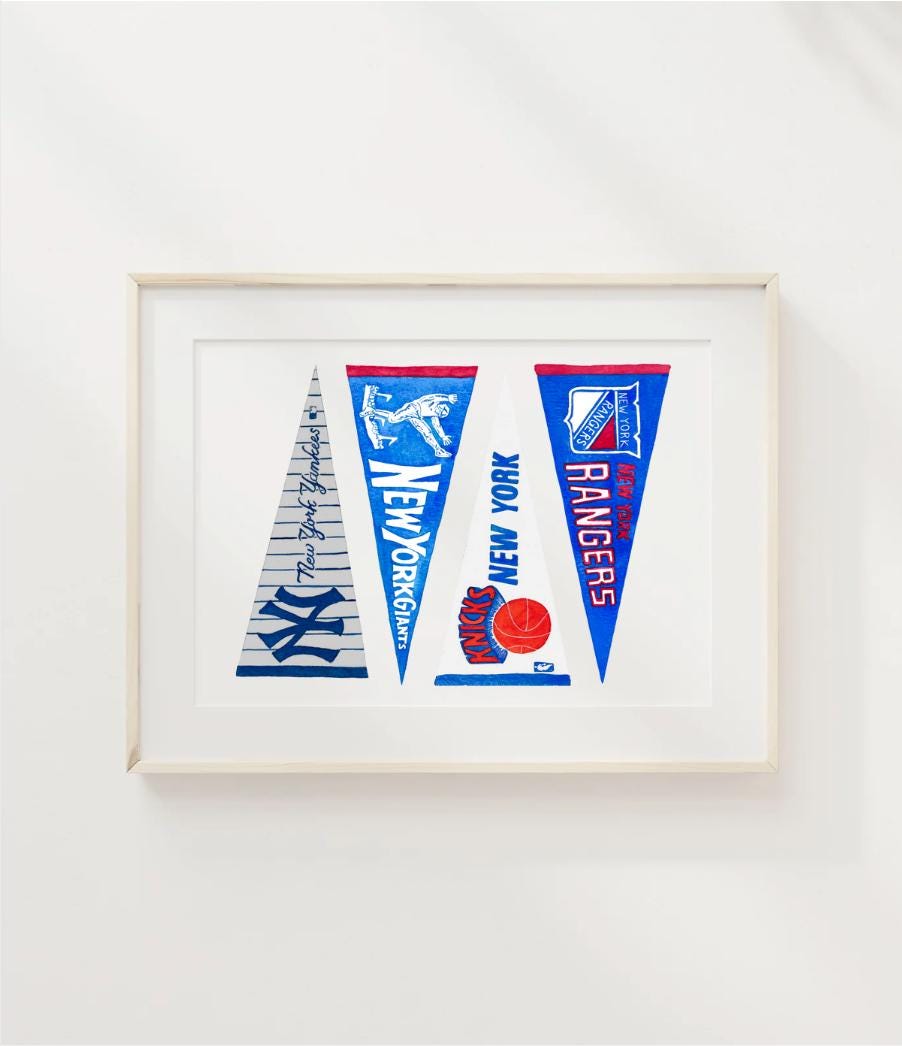 NY Sports Pennants #1 Downloadable Art Print | Watercolor Art Print, Apartment Art, Sports Team Art, NYC Art, Yankees, Giants, Knicks