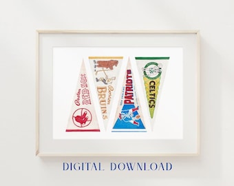 Boston Vintage Sports Pennants DIGITAL DOWNLOAD: Red Sox, Patriots, Celtics, Bruins | Watercolor Art Print