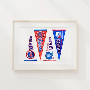 NYスポーツペナンツ #4 ダウンロード可能なアートプリント | 水彩画アートプリント、アパートメントアート、スポーツチームアート、ニューヨークシティアート、メッツ、ジャイアンツ、ニックス、レンジャーズ