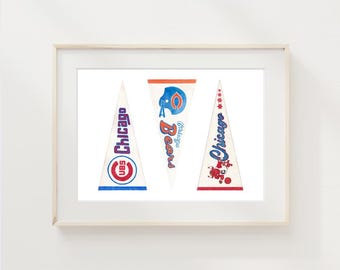 Lámina artística en acuarela Giclée con banderines vintage de los equipos deportivos de Chicago: Bulls, Bears, Cubs