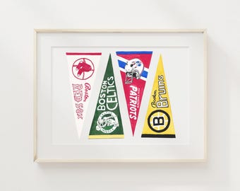 Boston Sports Pennants Giclée Art Print | Watercolor Art Print, Bar Cart Art, Apartment Art, Sports Team Art, Boston Art