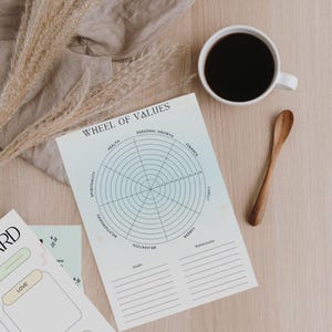 Puede incluir: Vista superior de una hoja de trabajo azul claro "Rueda de Valores" con un diseño circular, una taza de café y una cuchara de madera sobre una superficie de madera clara. La hoja de trabajo incluye secciones para metas y reflexiones.
