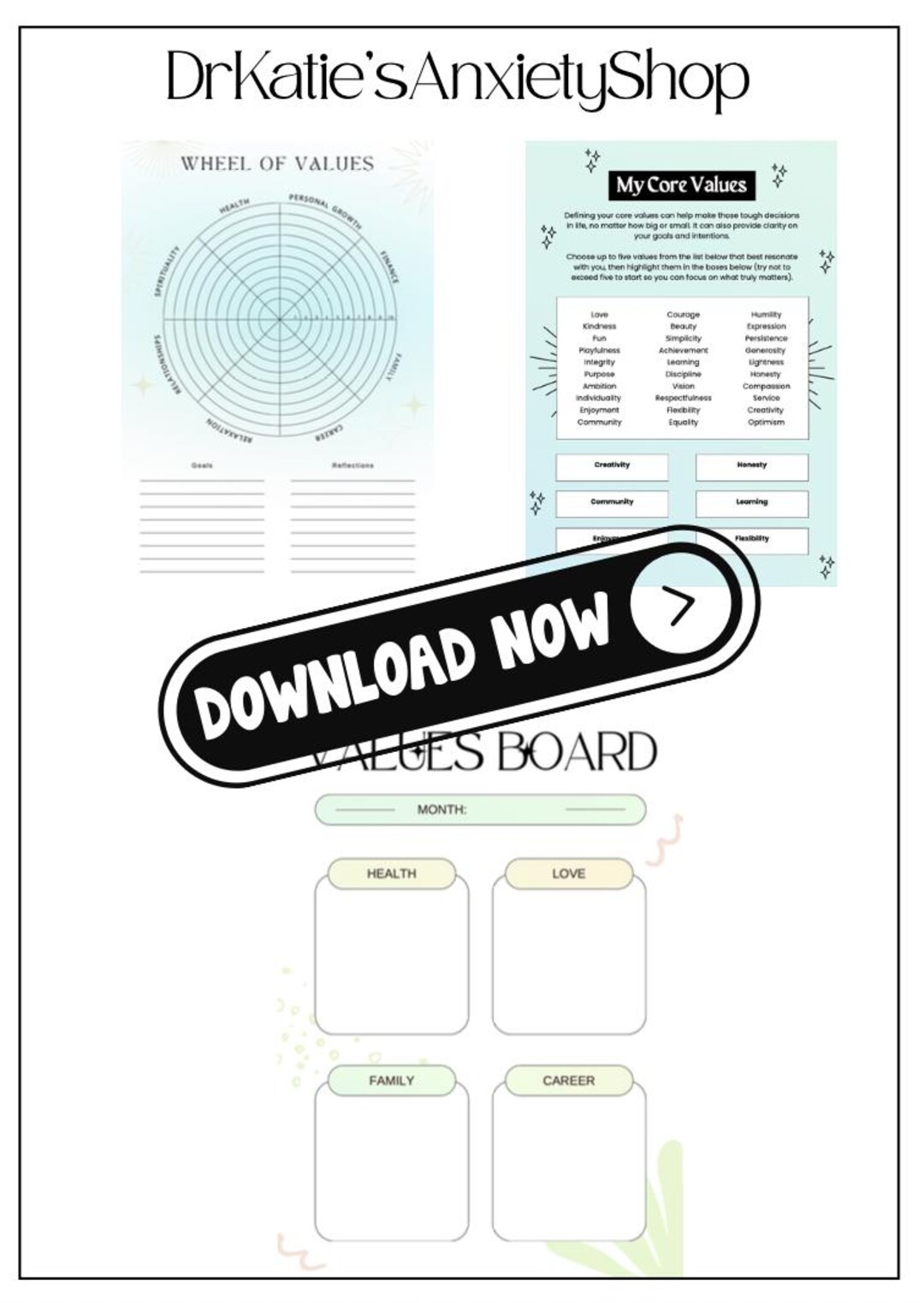 Values Worksheet Bundle | Core Values Workbook, Vision Board, Wheel of ...