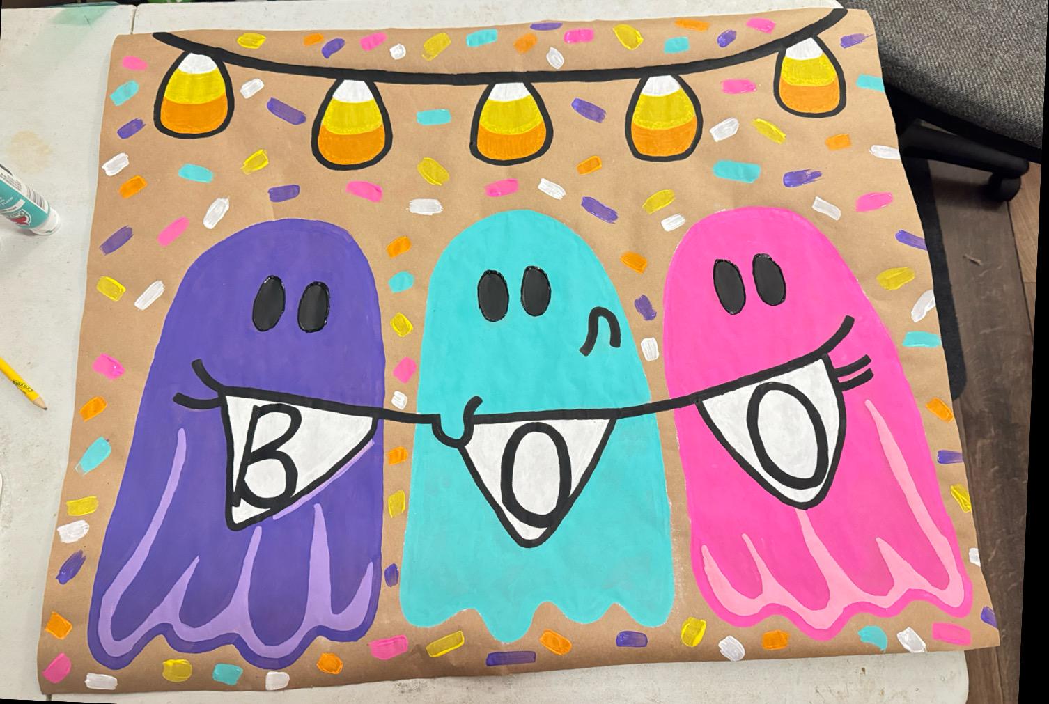 Ghost Painted Party Banner, Halloween Banner, Brown Paper Banner, Boo Banner, Custom Painted Banner, Halloween Themed, Boo Painted Banner
