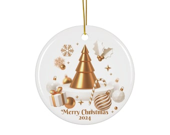 Enfeites de Natal em cerâmica branca e dourada, decoração natalina, atmosfera festiva, decoração elegante para árvore, acessórios sofisticados para casa.
