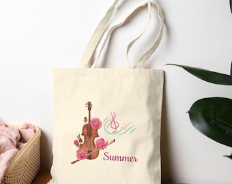 Musician's Cotton Canvas Tote Bag, Violin and Roses Design