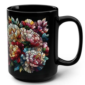 Floral Black Mug: Colorful Peony Design, Tea & Coffee Lover Gift