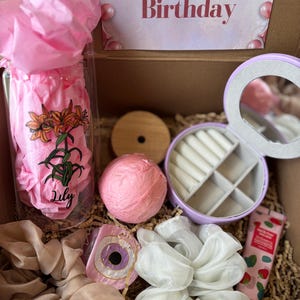 July Birthday Flower Gift Box for Her, Birth Month Gift idea, Flower glass Tumbler set for Mom and Best Friend