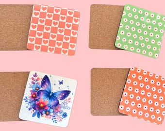 Colorful decorative coark coasters/ floral-heart and butterfly design/ Mix and Match/ Cute and functional coasters for home and office