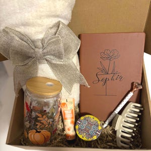 Cozy Fall Gift with a personalized notebook and a glass cup- Thanksgiving care package-Thanksgiving Gift box-Thanksgiving Huggy Box