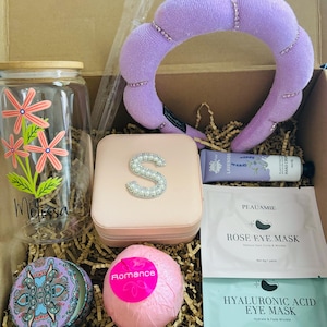 College Care Package for Her-Birth Month Gift Box with Personalized Tumbler, Spa Items, Candle & Dorm Essentials-Back to school gift for her
